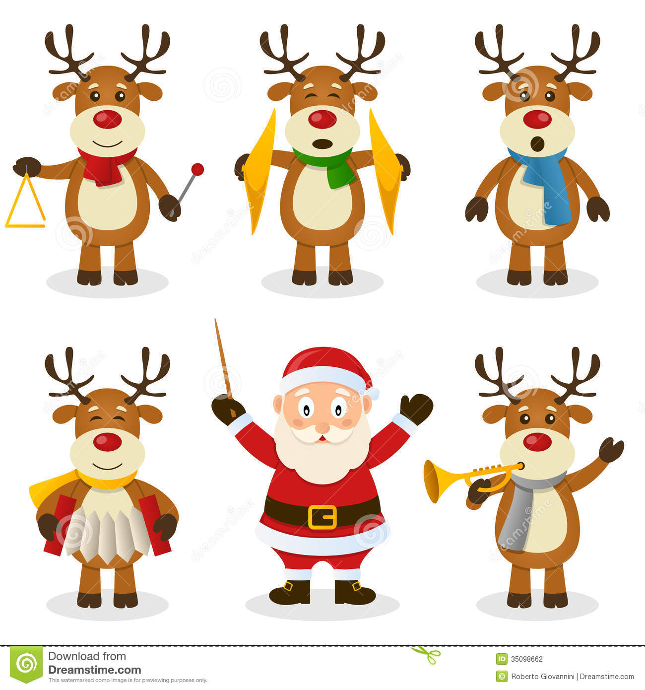Funny Cartoon Christmas Orchestra With Five Cute Reindeer Characters