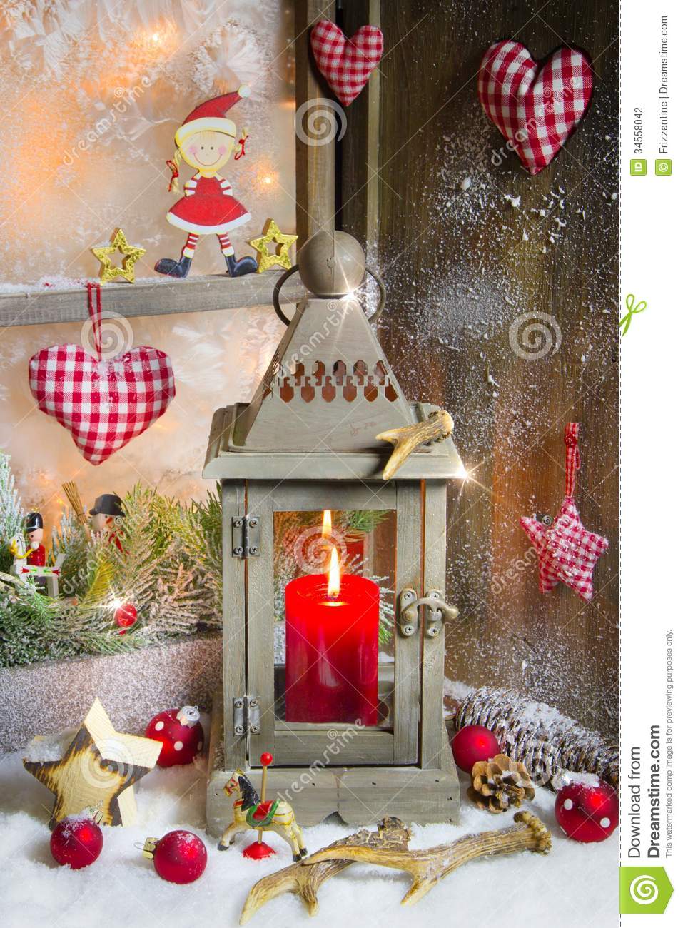 Rustic Lantern With Candlelights For Christmas   Classic In Red Stock