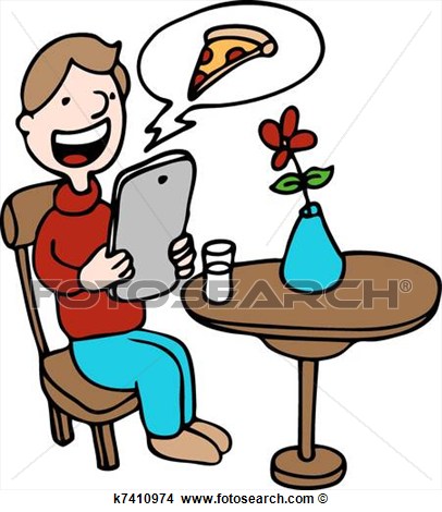 Clipart Of Man Ordering Pizza With His Digital Device At A Restaurant    