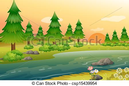 Clipart Vector Of Pine Trees At The Riverbank   Illustration Of The