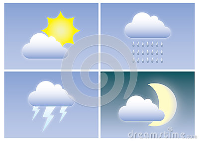 Different Types Of Weather With Clouds Sun Moon Lightning And Rain    