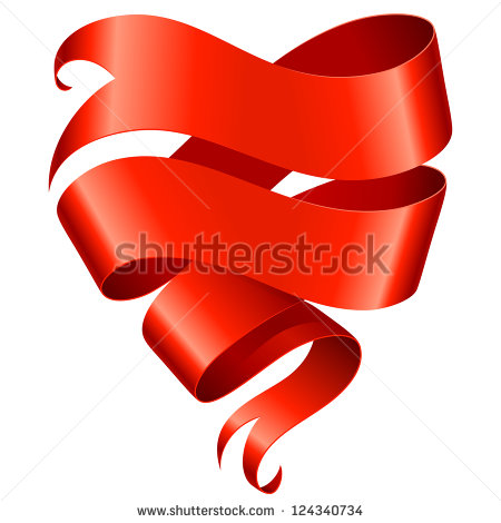 Red Ribbon Banner In The Shape Of Heart Isolated On White Background
