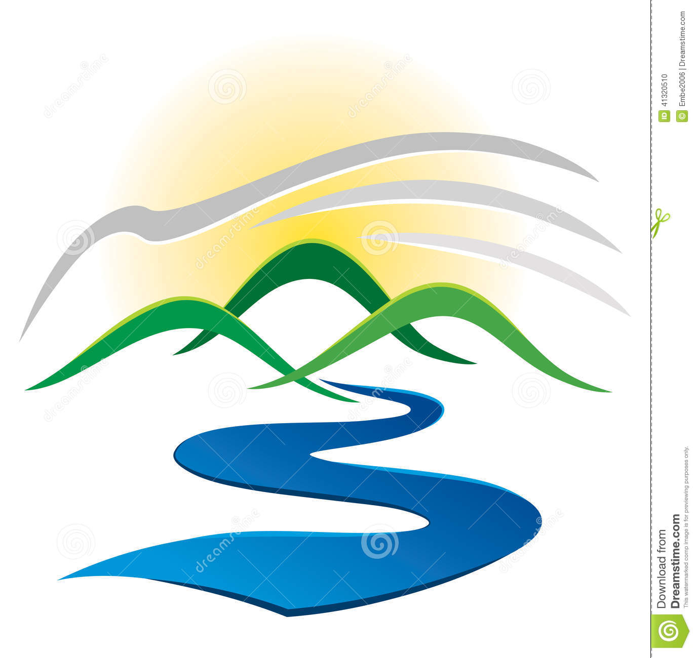 River Flows Into The Mountains And A Sunrise In This Logo Icon 