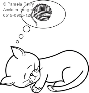 Black And White Clip Art Illustration Of A Kitten Dreaming Of A Ball