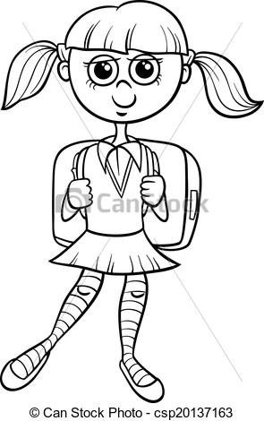 Clip Art Vector Of Primary School Girl Coloring Book   Black And White