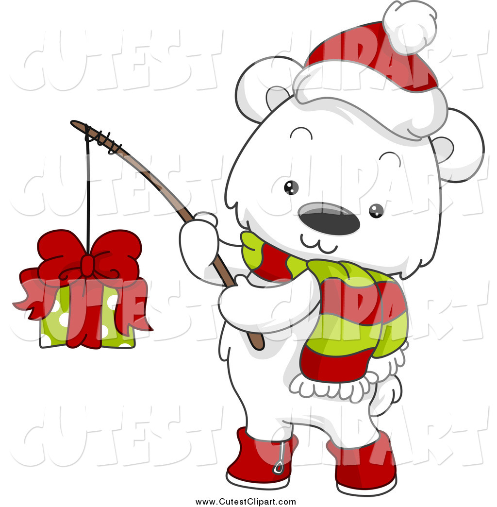 Cute Christmas Polar Bear Fishing A Gift Yellow Butterfly Near A Cute