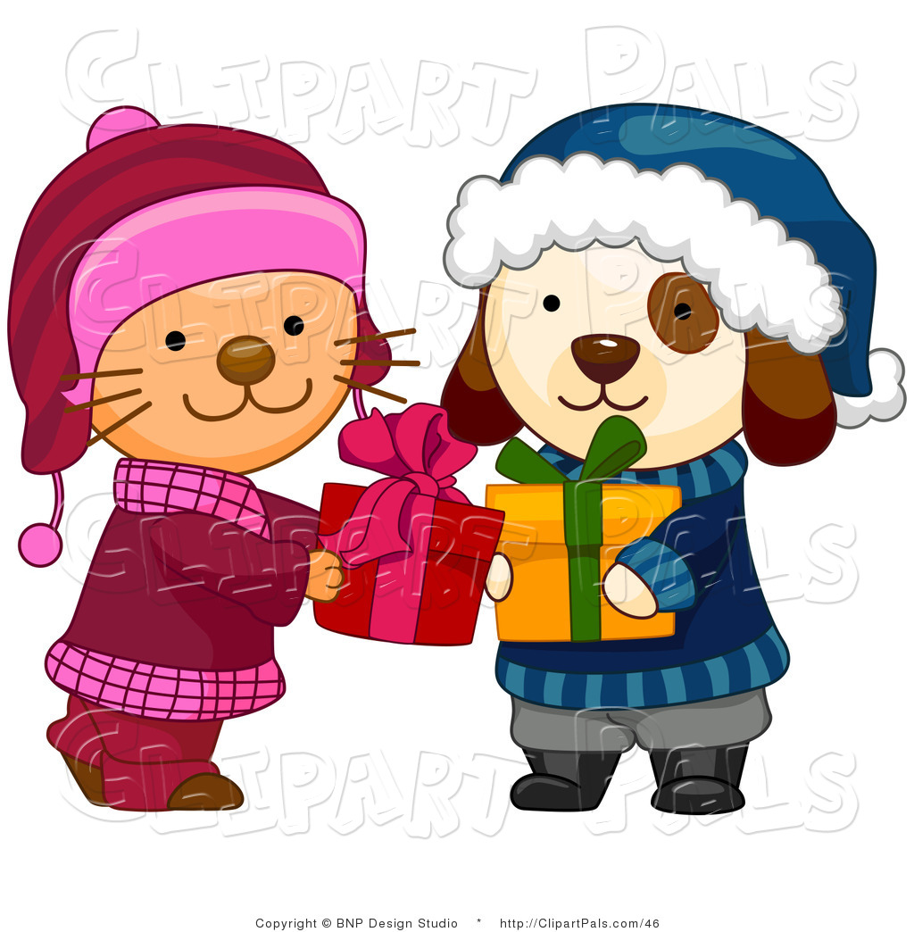 Pal Clipart Of A Cute Puppy And Kitten In Winter Clothes Exchanging
