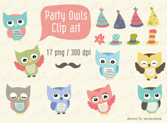 Party Owl Clip Art   17 Digital Clipart Set For Digital Scrapbooking