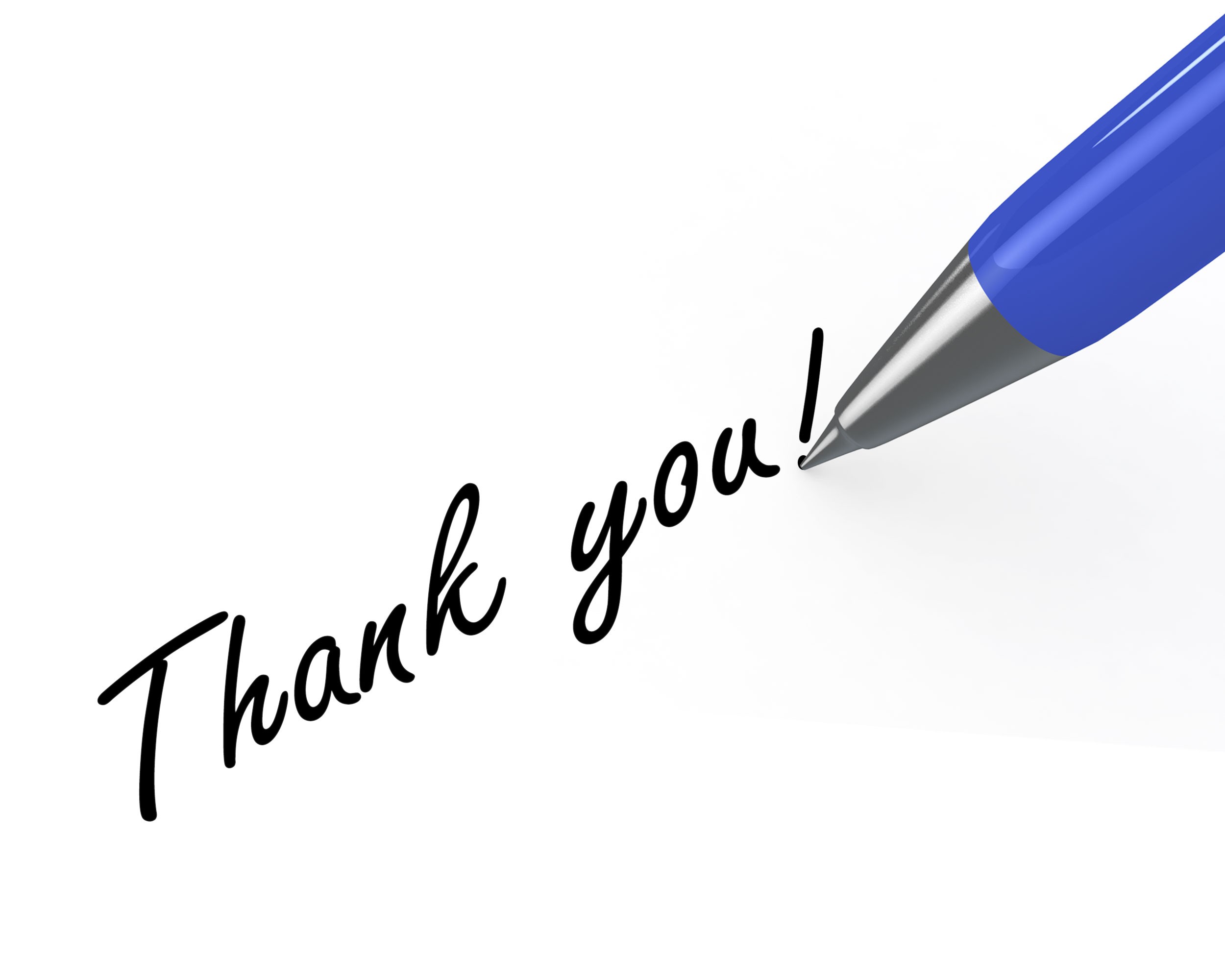 0914 Thank You Note With Blue Pen On White Background Stock Photo