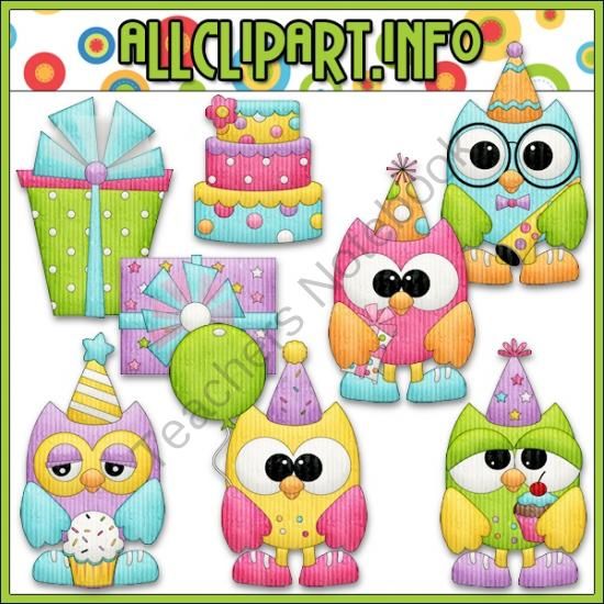 Birthday Party Owls Clip Art   Digital Stamp Bundle   8 Piece Clip Art