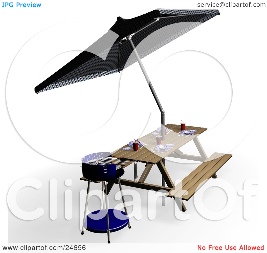 Clipart Illustration Of A Blue Bbq Picnic Table With Eating Utensils