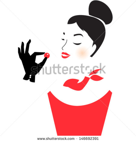 Minimalistic Vintage Illustration Of Woman In Red Tasting Food  Retro