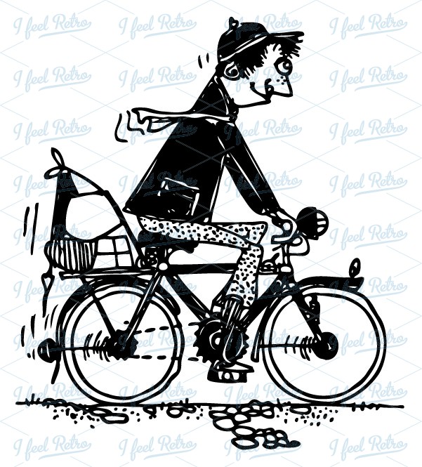 Retro Clipart  Funny Man On A Bicycle   Authentic Vintage European