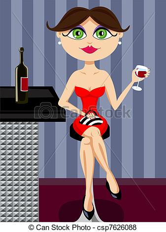 Vector   Girl At The Bar Drinking Wine   Stock Illustration Royalty