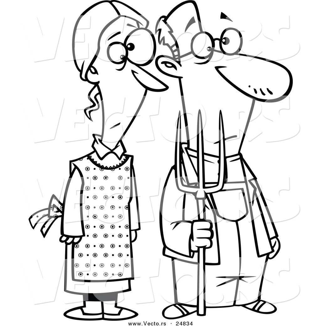 Vector Of A Cartoon Gothic Farm Couple With A Pitch Fork   Outlined