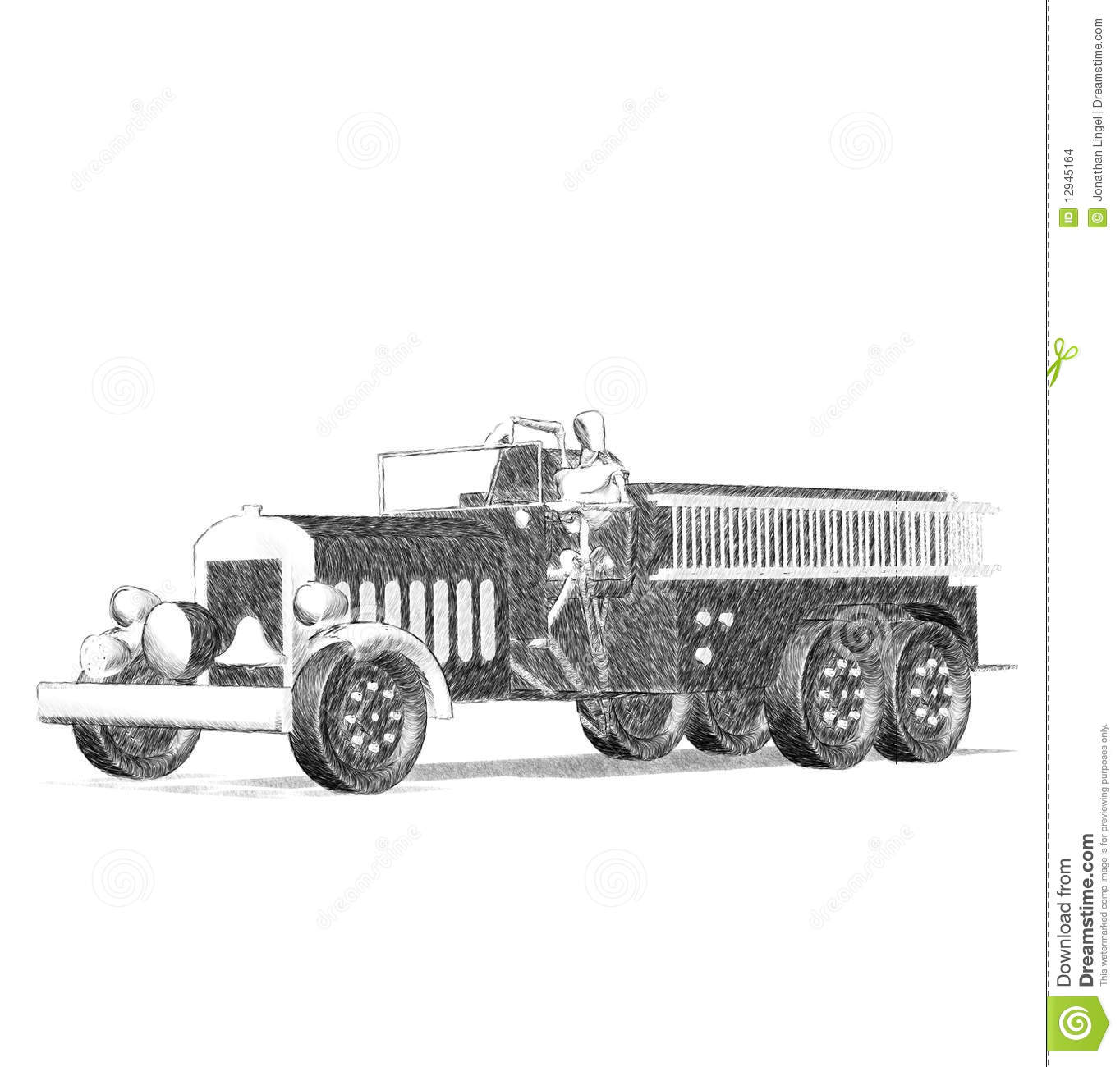     3d Sketch Render If A Manikin Driving An Antique Fire Truck Side View