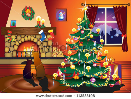 Cat And Dog Sitting On The Front Of Fireplace In Home Living Room At