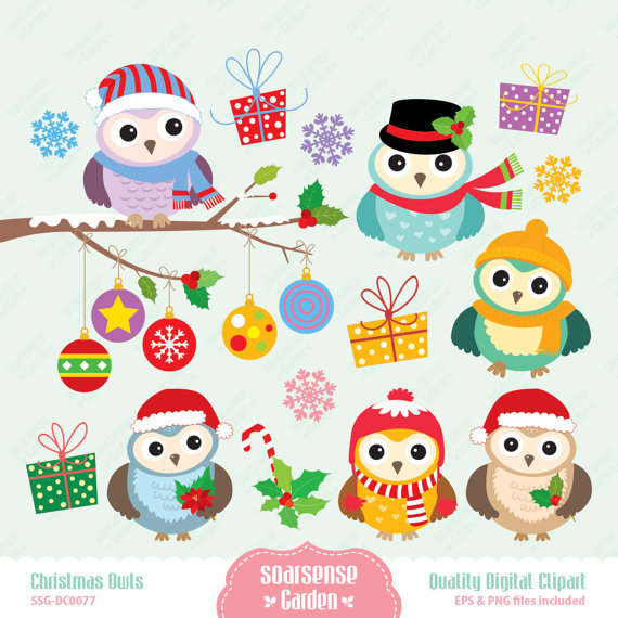 Christmas Owls Digital Clipart  Ideal For Creating Birthday Invitation