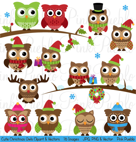 Cute Christmas Owl Clipart   Vectors   Illustrations On Creative