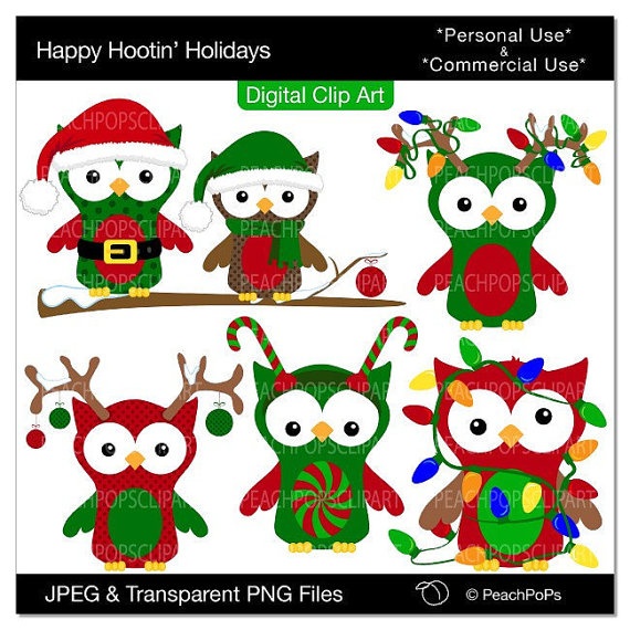 Cute Holiday Christmas Owls Clip Art Owls Clipart Green Red   Happy