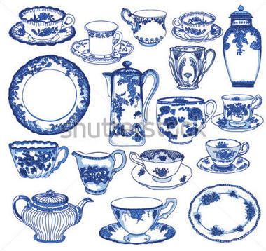 Fine China   Set Of Hand Drawn Porcelain Teacups And Saucers Teapots
