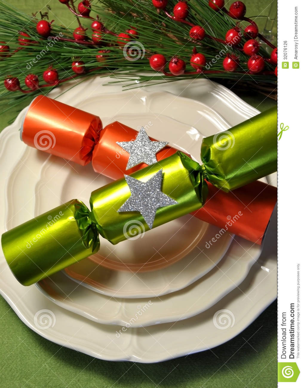 Green Theme Christmas Dining Table Setting With Fine China Plates And
