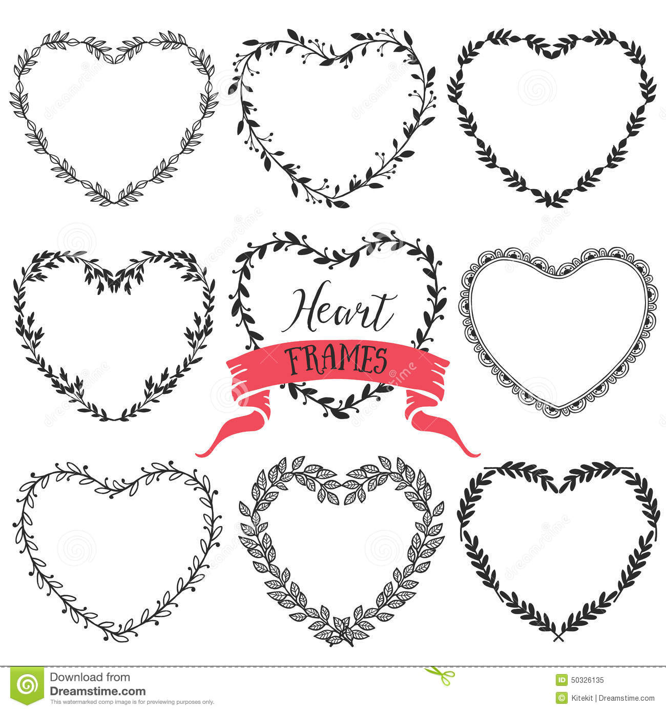 Hand Drawn Rustic Vintage Heart Wreaths  Floral Vector Graphic  Nature