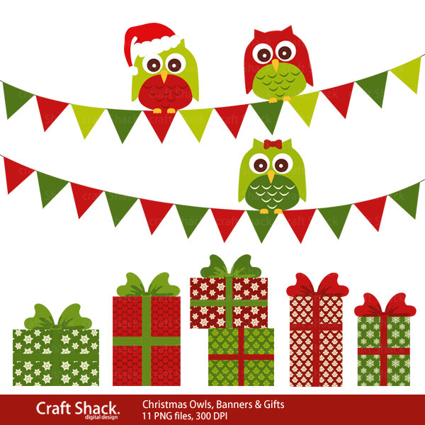 Items Similar To Christmas Owls Banners And Gifts Clipart Red And