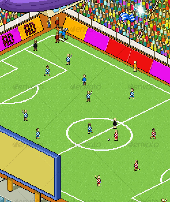 Pixel Art Illustration Showing The Football Stadium During The Match