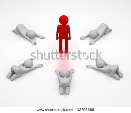 3d Abstract Of A Person In Red Surrounded By A Ring Of 5 Persons