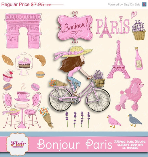 50  Off Bonjour Paris Digital Clipart Hand Drawn Paris Theme Bicycle    
