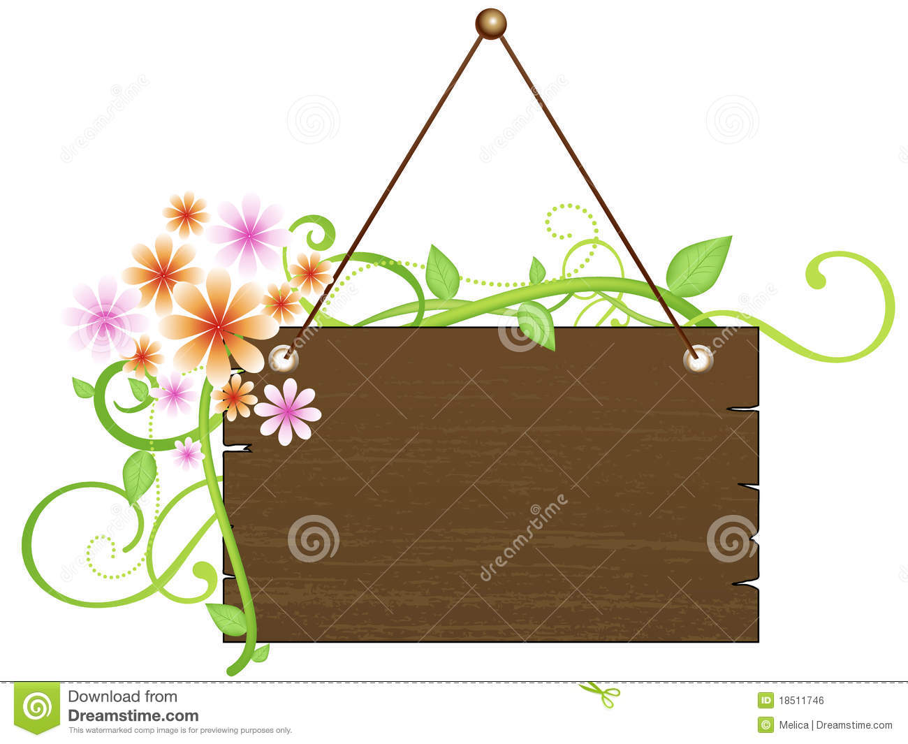 Blank Rustic Wooden Sign With Flowers And Leaves  Spring Concept 