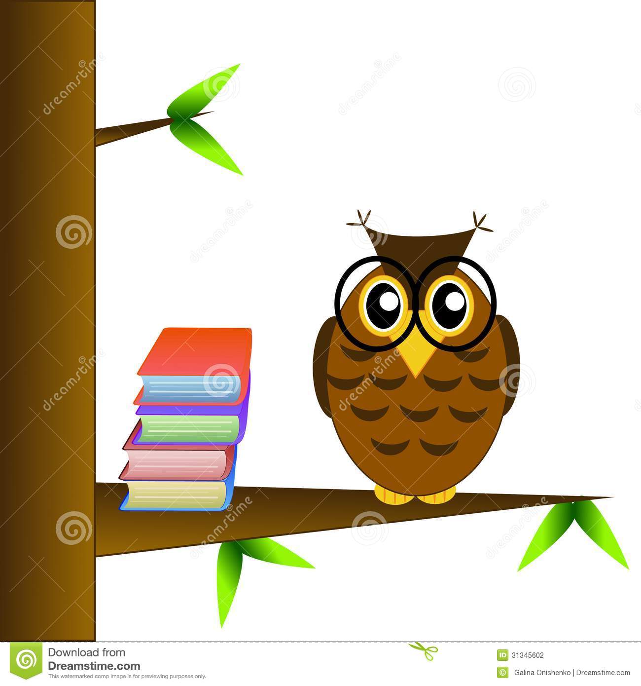 Clever Owl Spectacled Sits On A Tree With Books On A White