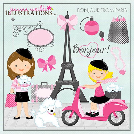 Paris Clipart Eiffel Tower Clipart Moped Poodle Clipart   Cards