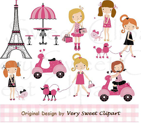 Paris Poodle Fashion Girl Clipart Digital Illustration