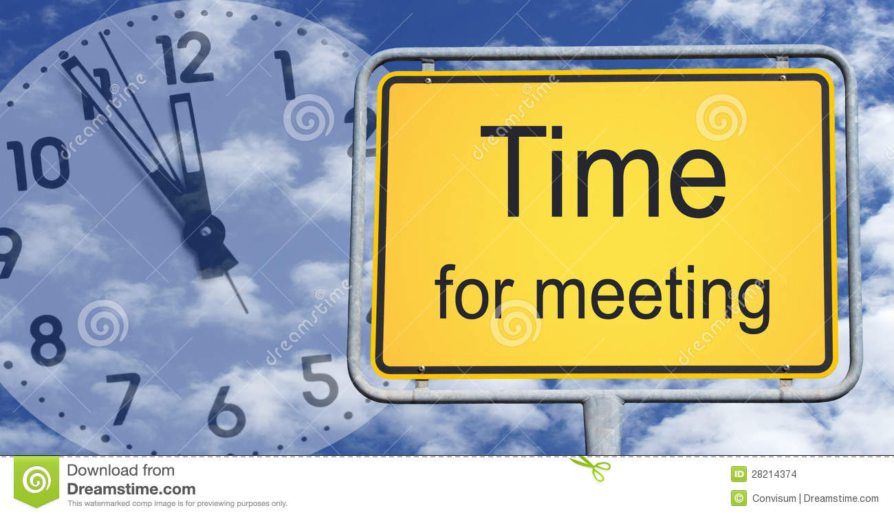 Time For Meeting Sign Next To Clock With Cloudscape Background
