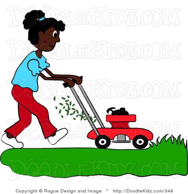 Art Illustration Of An African American Teen Girl Mowing The Grass