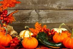 Autumn Border Of Leaves Pumpkins And Vegetables On Wood Royalty Free    