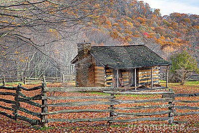 Beautiful Autumn Scene Showing Rustic Old Log Cabin Surrounded By
