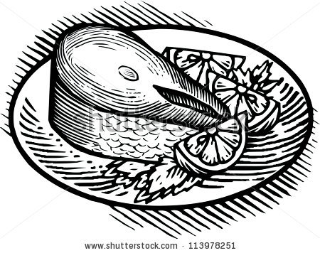 Black And White Drawing Of A Plate Of Salmon Steak Served At Dinner