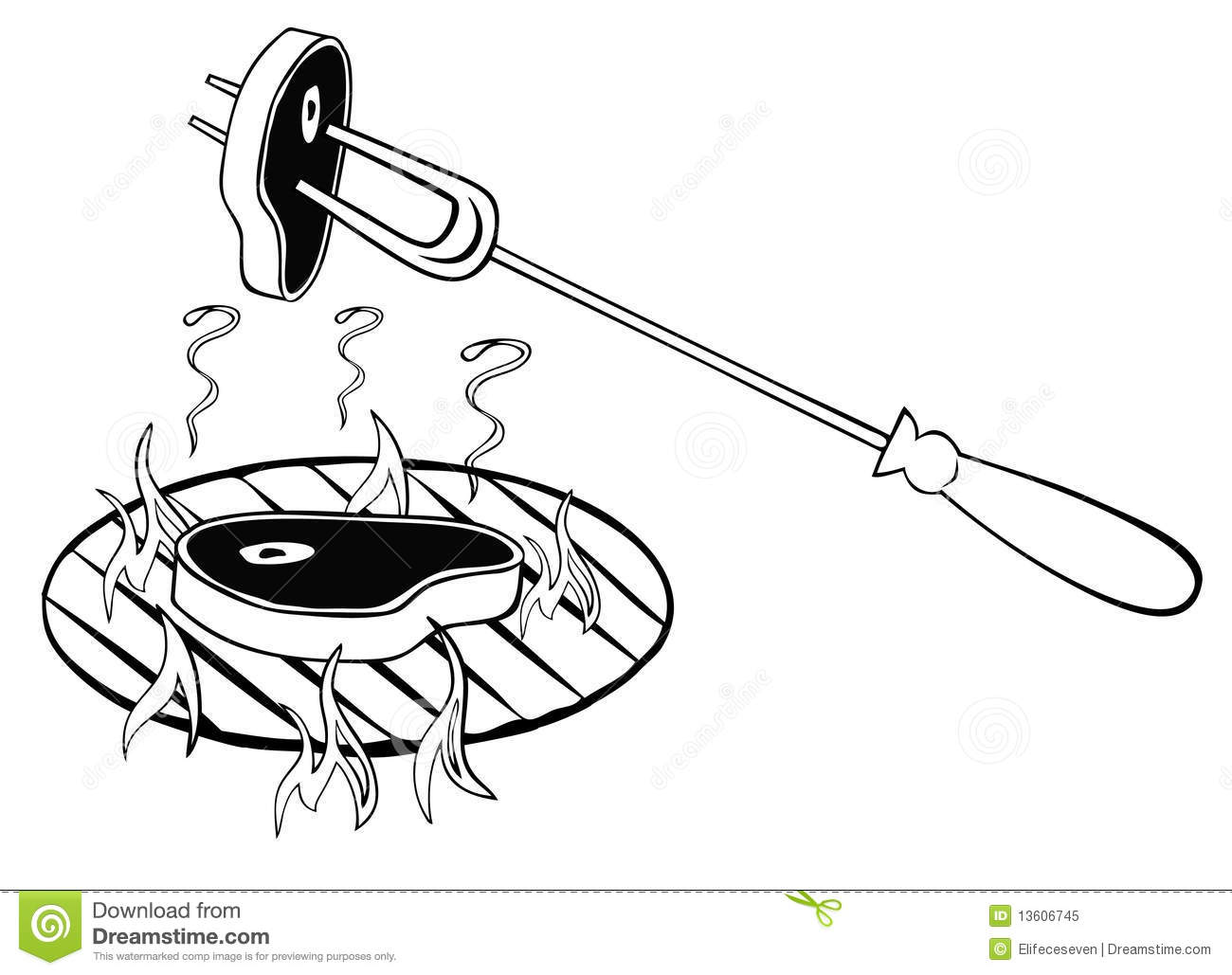Black And White Illustration Of Steak On A Barbecue