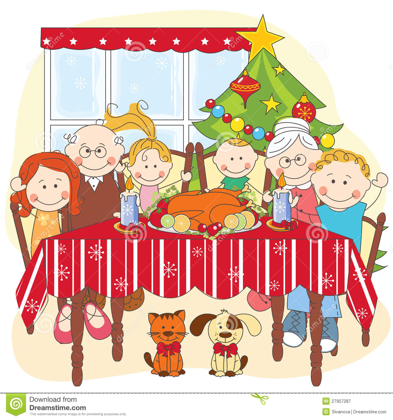 Christmas Dinner Big Happy Family Together  Hand Drawing Illustration