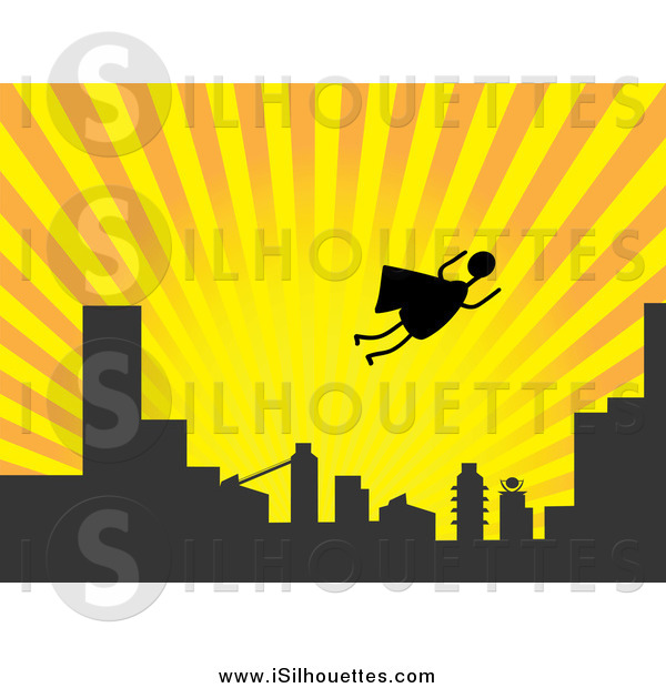 Clipart Of A Silhouetted Stick Super Hero Guy Flying Above A City At