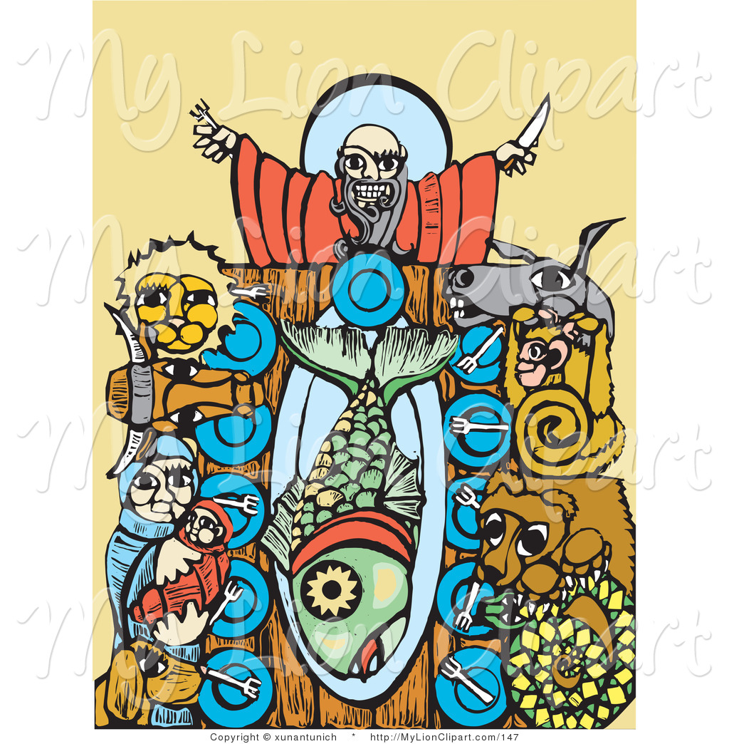 Clipart Of Biblical Animals And Noah Seated At A Table For A Feast By    