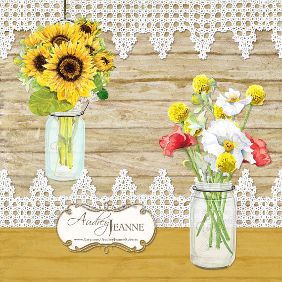 Country Rustic Mason Jars Digital Clip Art Kit E14 17a Sunflowers