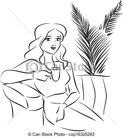 Girl Drinking Tea Drawing Vector   Woman Drinks Tea