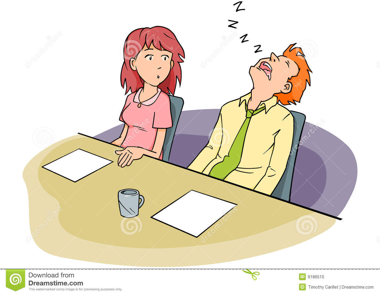 Man Snoozing At A Conference Table While A Woman Coworker Stares