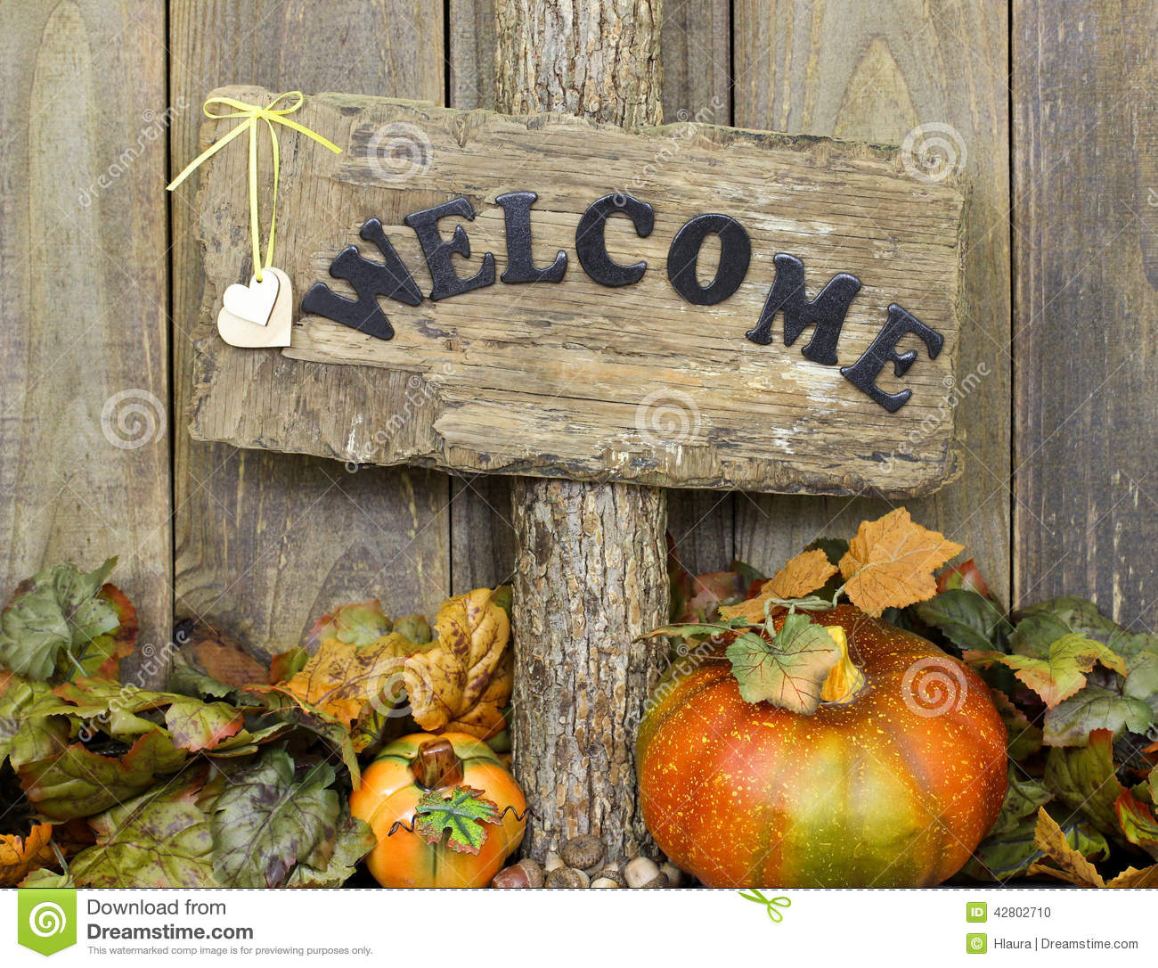     Sign With Hearts And Fall Foliage Border With Pumpkins And Acorns