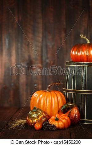 Stock Photography Of Fall Themed Scene With Pumpkins On Wood   Rustic