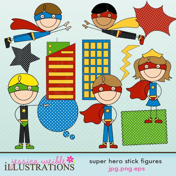 Super Hero Stick Figures Clipart Set Comes With 12 Graphics Including
